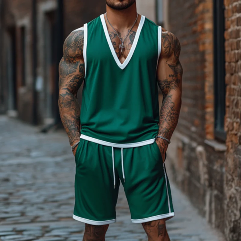 Guillermo | Men'S Casual Colorblock Cotton V-Neck Tank Top Elastic Waist Shorts Sports Set - Image 3