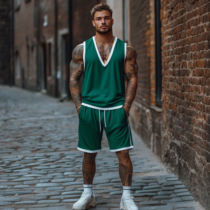 Guillermo | Men'S Casual Colorblock Cotton V-Neck Tank Top Elastic Waist Shorts Sports Set - Image 4