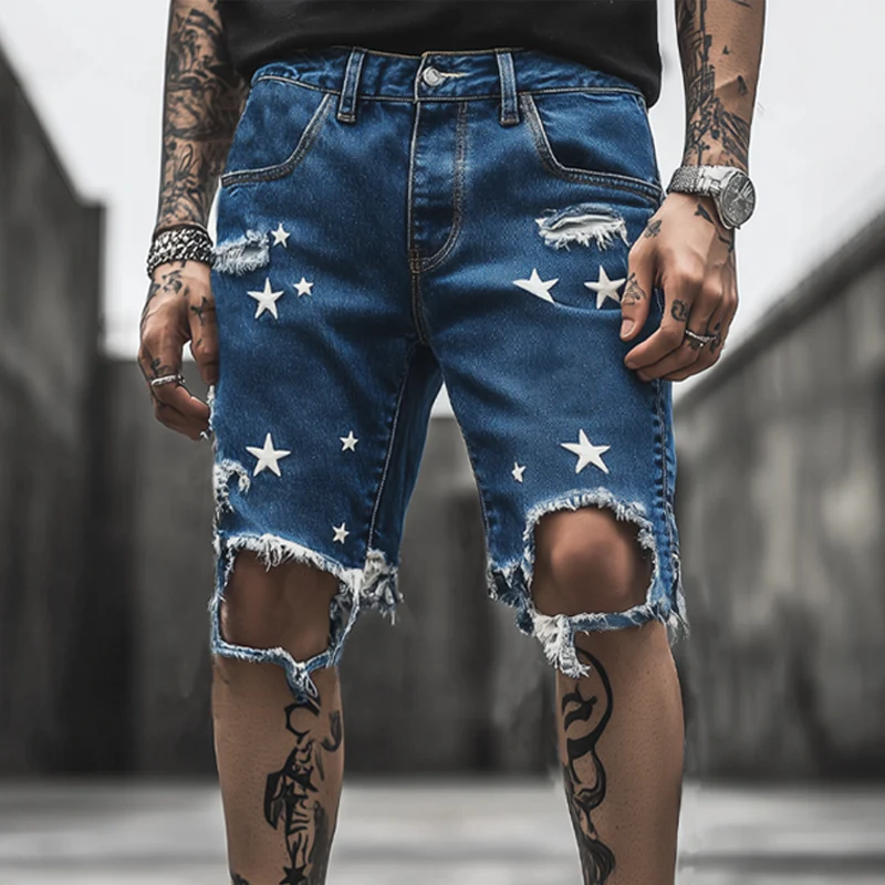Guillermo | Men'S Summer Fashion Star Printed Ripped Denim Shorts - Image 2