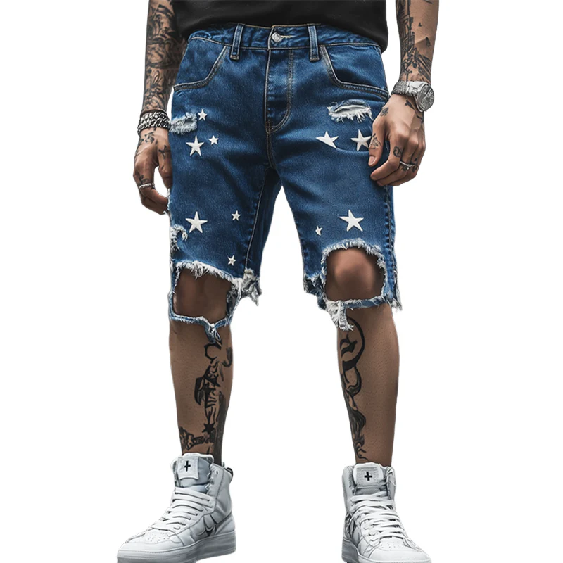 Guillermo | Men'S Summer Fashion Star Printed Ripped Denim Shorts - Image 3