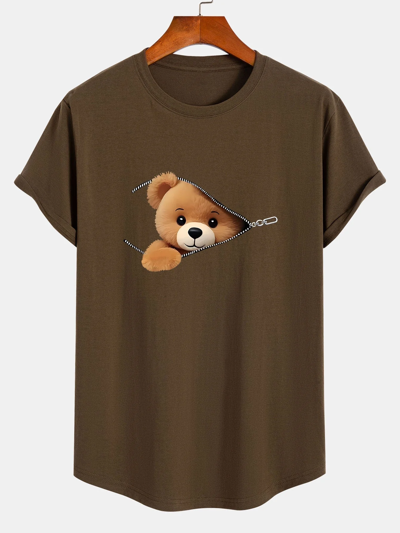 Gustavo® | Zipper Bear Print Cotton Arc Hem T-Shirt - Image 2
