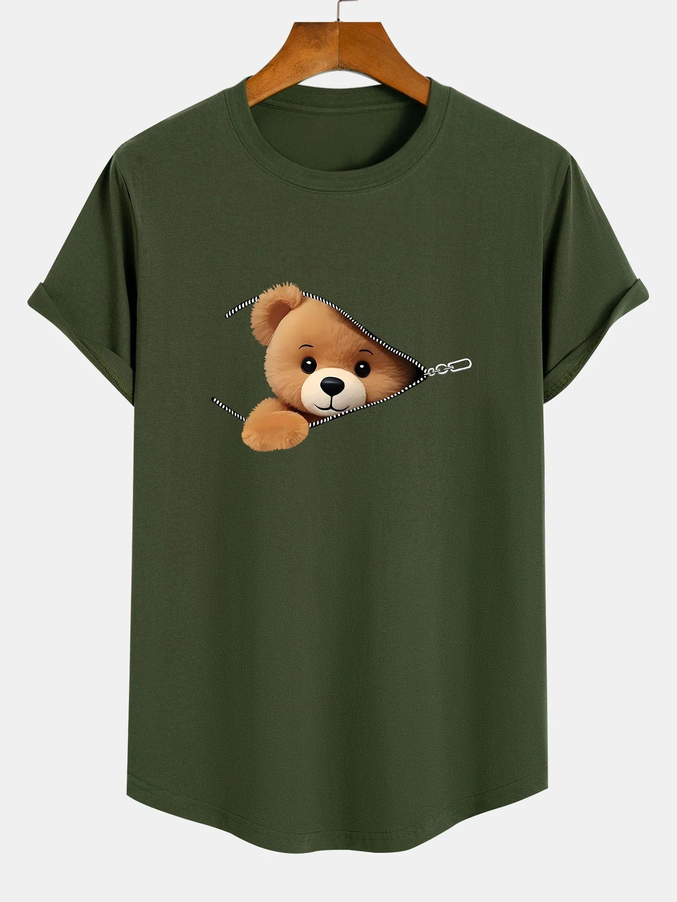 Gustavo® | Zipper Bear Print Cotton Arc Hem T-Shirt - Image 3