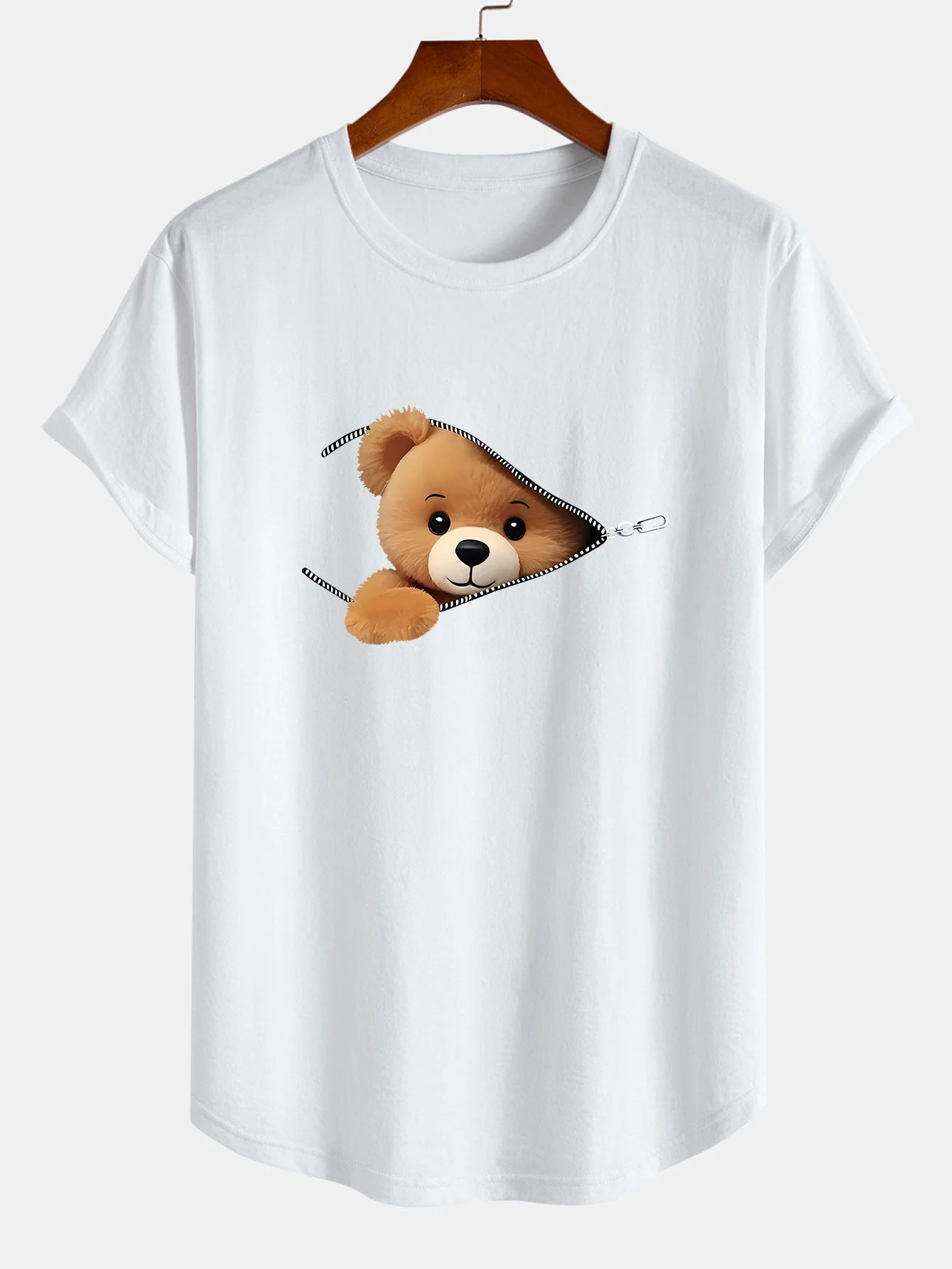 Gustavo® | Zipper Bear Print Cotton Arc Hem T-Shirt - Image 4