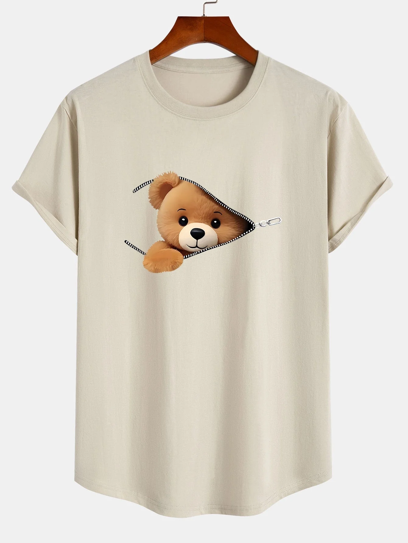 Gustavo® | Zipper Bear Print Cotton Arc Hem T-Shirt - Image 5
