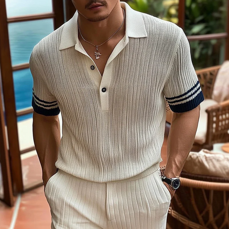 Gustavo | Men'S Casual Contrast Lapel Slim Fit Short Sleeve Knitted Short Sleeve Polo Shirt - Image 2