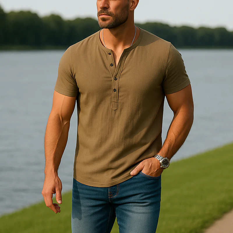 Gustavo | Men'S Summer Fashion Solid Color Lyocell Short Sleeve Henley Shirt - Image 2