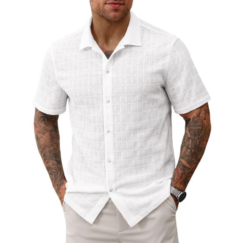 Guy | Men'S Casual Lace Pleated Texture Lapel Slim Short Sleeve Shirt - Image 2