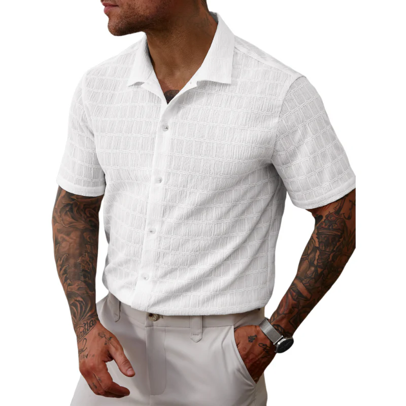 Guy | Men'S Casual Lace Pleated Texture Lapel Slim Short Sleeve Shirt - Image 5