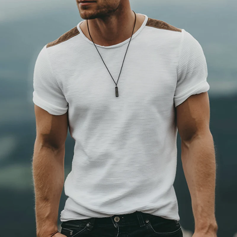 Guy | Men'S Retro Casual Solid Color Waffle Stitching Suede Round Neck Short Sleeve T-Shirt - Image 2
