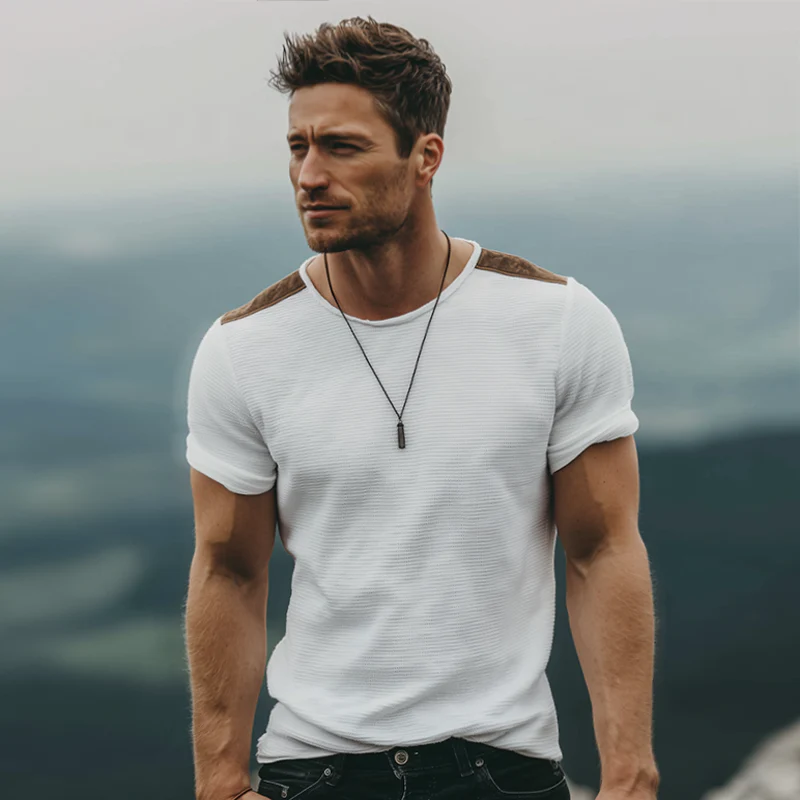 Guy | Men'S Retro Casual Solid Color Waffle Stitching Suede Round Neck Short Sleeve T-Shirt - Image 3