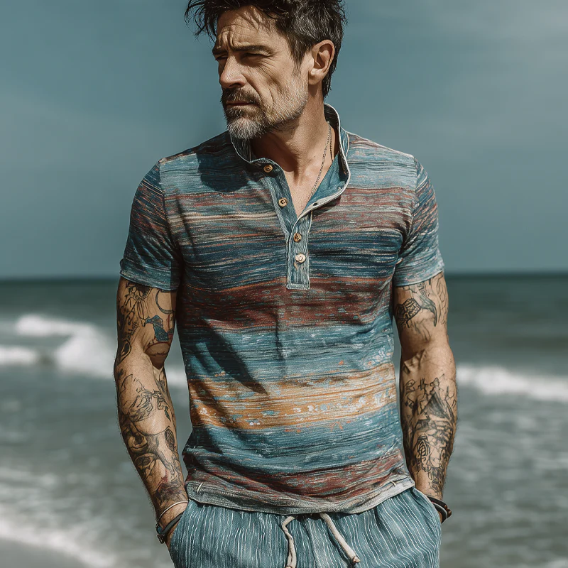 Hank | Men'S Stripe Print Lapel Short Sleeve T-Shirt - Image 2