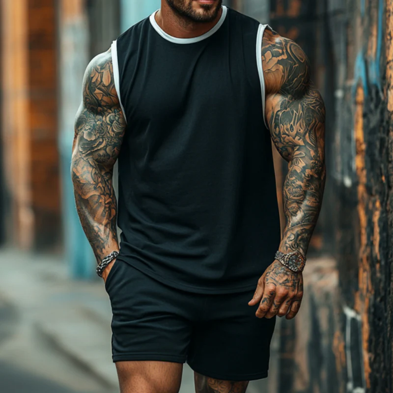 Harold | Men'S Casual Cotton Colorblock Round Neck Loose Tank Top Elastic Waist Shorts Sports Set - Image 3