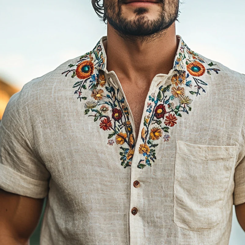 Harold | Men'S Retro Stand Collar Embroidered Cotton And Linen Short Sleeve Shirt - Image 2