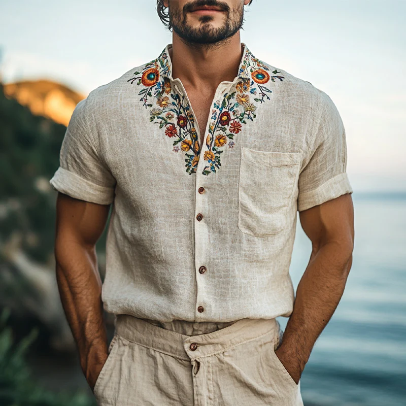 Harold | Men'S Retro Stand Collar Embroidered Cotton And Linen Short Sleeve Shirt - Image 3