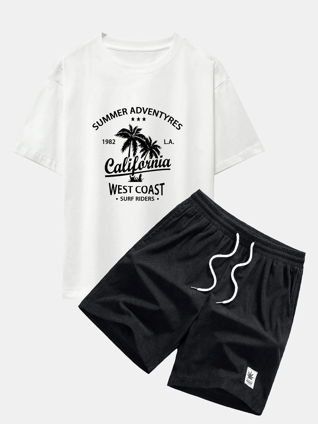 Harrison® | California Palm Tree Print Drop Shoulder Oversize T-Shirt & Corduroy Drawstring Shorts - Image 2