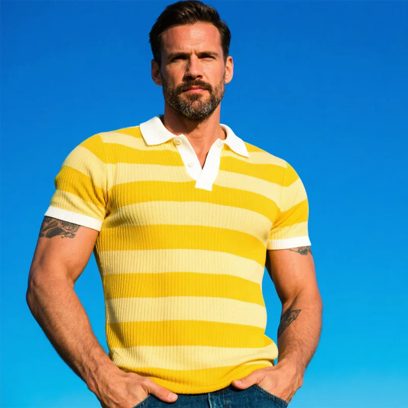 Harrison | Men'S Striped Knitted Short Sleeve Polo Shirt - Image 3