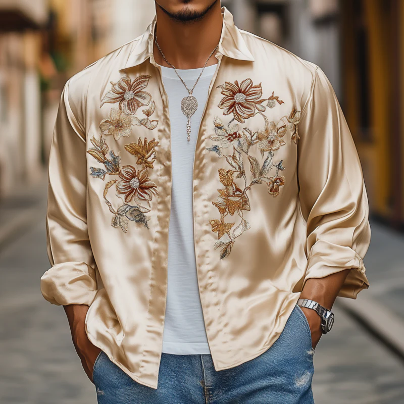 Harrison | Men'S Vintage Elegant Flower Embroidery Satin Lapel Stand Collar Loose Long Sleeve Shirt - Image 2