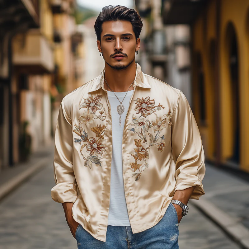 Harrison | Men'S Vintage Elegant Flower Embroidery Satin Lapel Stand Collar Loose Long Sleeve Shirt - Image 3