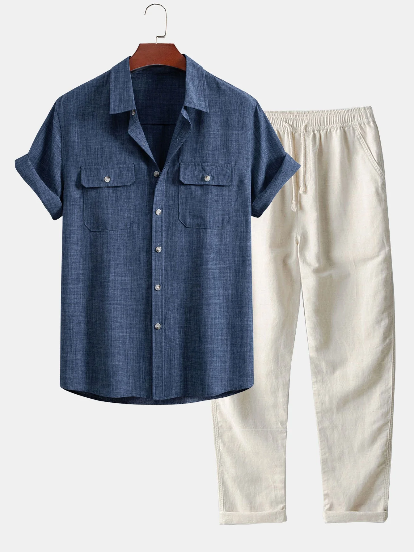 Harry® | Textured Button Up Shirt With Two Pockets & Straight Leg Linen Pants - Image 2