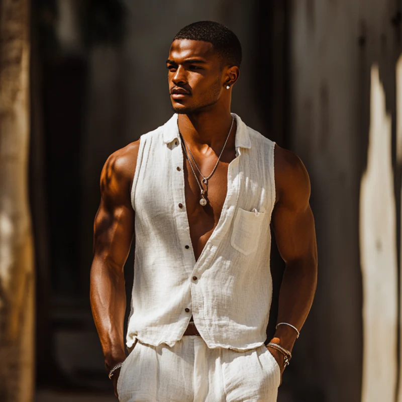 Harry | Men'S Casual Cotton Washed Lapel Patch Pocket Loose Sleeveless Shirt - Image 8