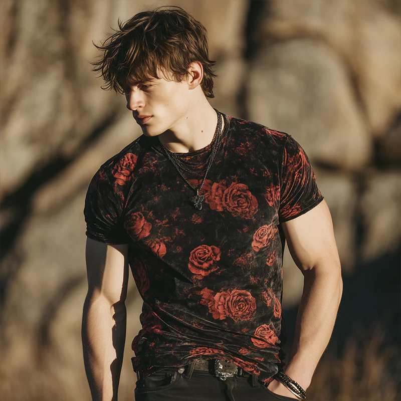 Harry | Men'S Retro Casual Rose Print Velvet Round Neck Short Sleeve T-Shirt - Image 3