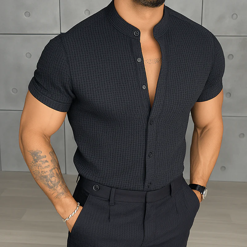 Harvey | Men'S Retro Casual Solid Color Waffle Stand Collar Short Sleeve Shirt - Image 3