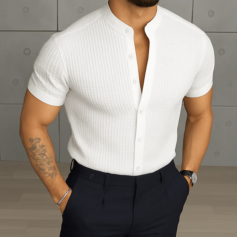 Harvey | Men'S Retro Casual Solid Color Waffle Stand Collar Short Sleeve Shirt - Image 4