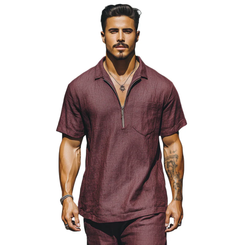 Hector | Men'S Casual Breathable Linen Zipper Lapel Patch Pocket Loose Short Sleeve Polo Shirt - Image 2