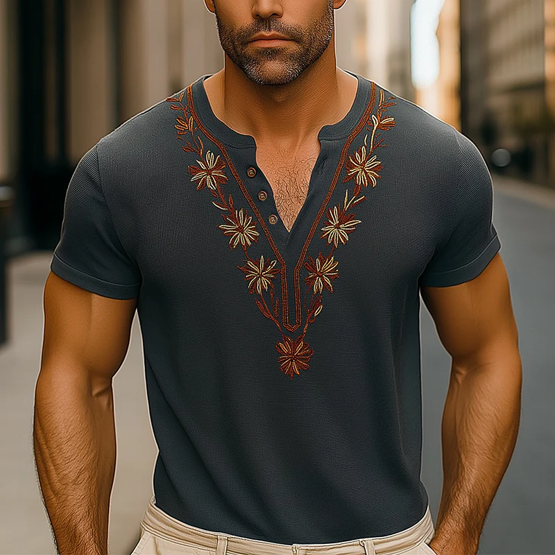 Hector | Men'S Summer Fashion Embroidery Lightweight Knitted Short Sleeve V-Neck T-Shirt - Image 2