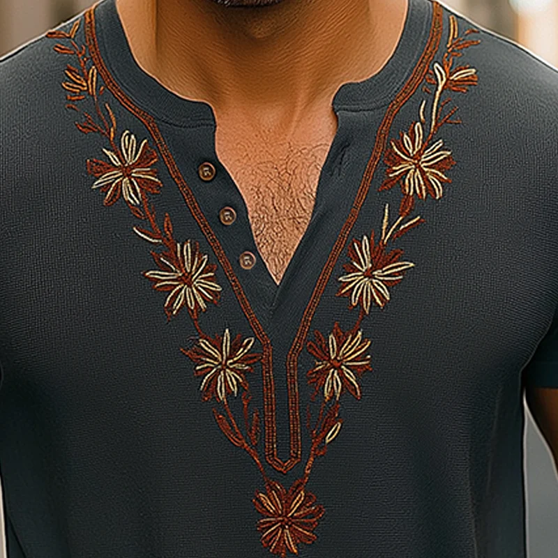 Hector | Men'S Summer Fashion Embroidery Lightweight Knitted Short Sleeve V-Neck T-Shirt - Image 3
