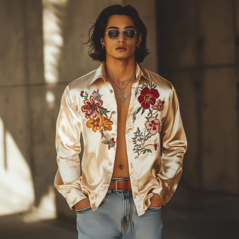 Hector | Men'S Vintage Elegant Flower Embroidery Satin Lapel Loose Long Sleeve Shirt - Image 3