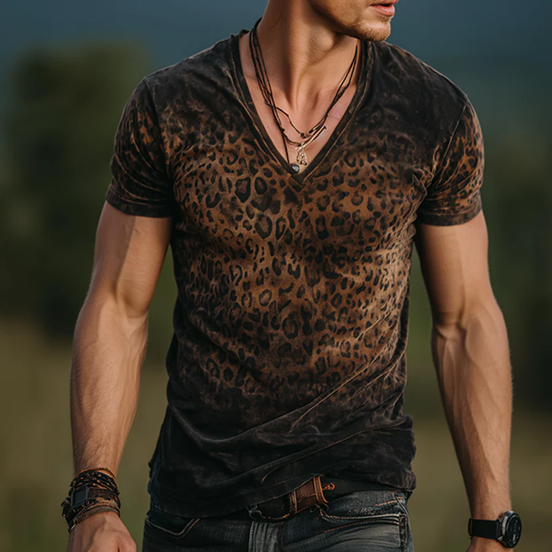 Henry | Men'S Retro Casual Gradient Leopard Velvet V-Neck Short Sleeve T-Shirt - Image 2