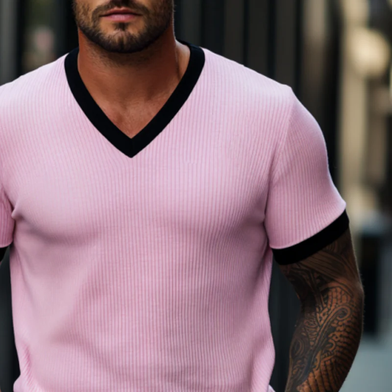 Henry | Men'S Skin-Friendly Ottoman Rib Colorblock Slim Fit V Neck Short Sleeve T-Shirt - Image 3