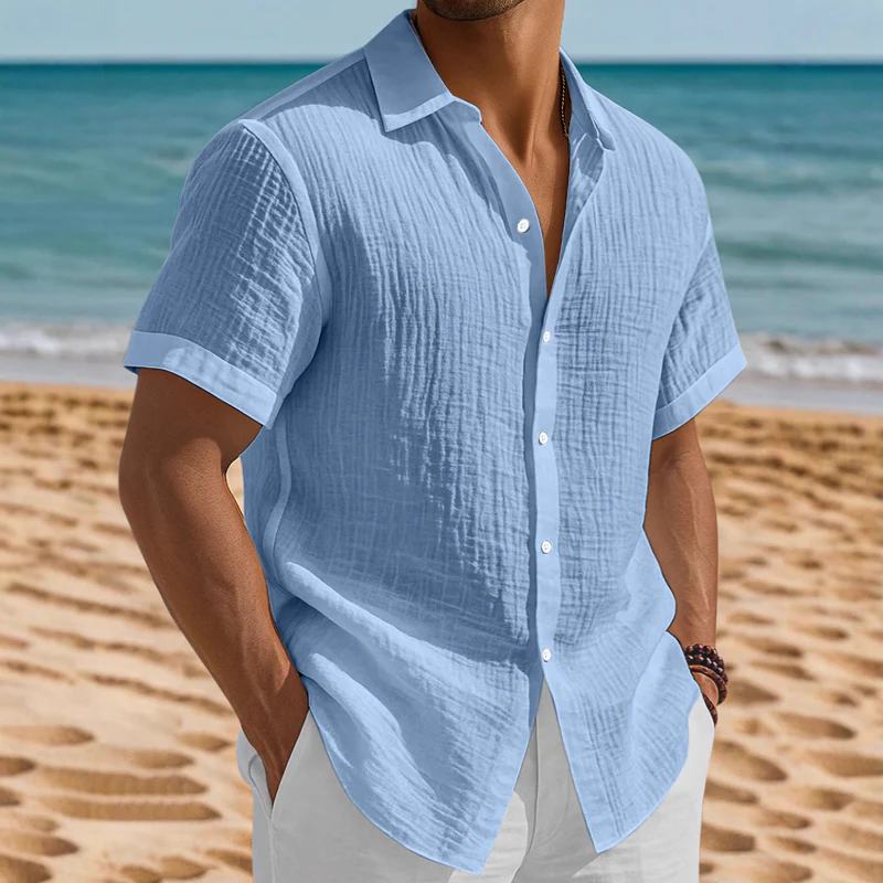 Herbert | Men'S Washed Cotton Solid Color Casual Short Sleeve Shirt - Image 5