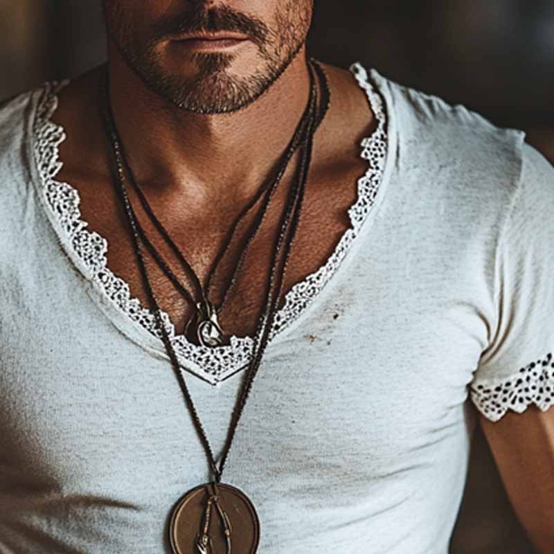 Herman | Men'S Solid Color Cotton Blend V-Neck Lace Stitching Short-Sleeved T-Shirt - Image 3