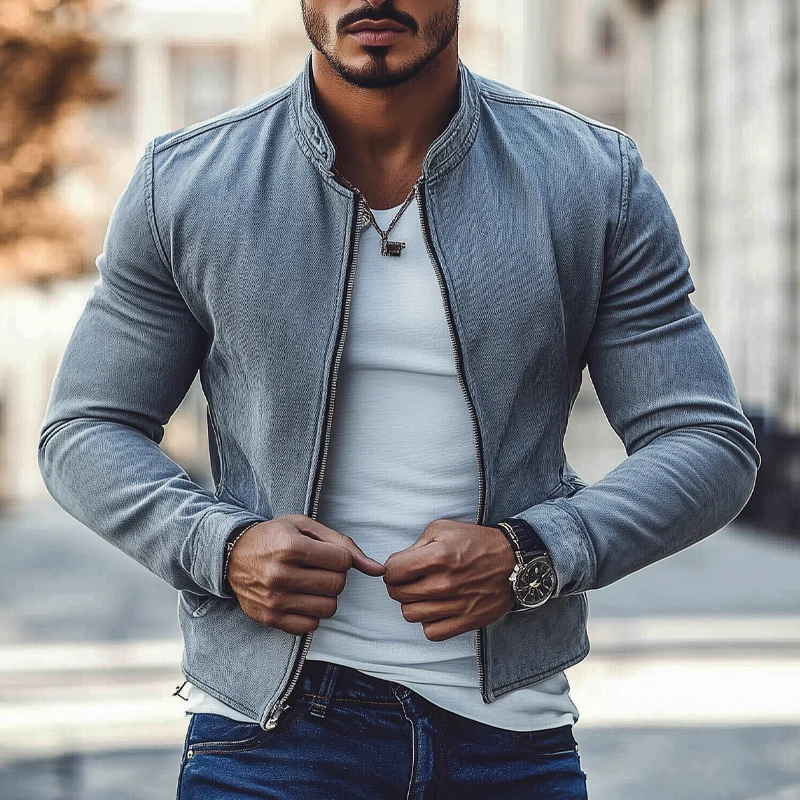 Herman | Men'S Vintage Washed Denim Biker Zip-Up Jacket - Image 3