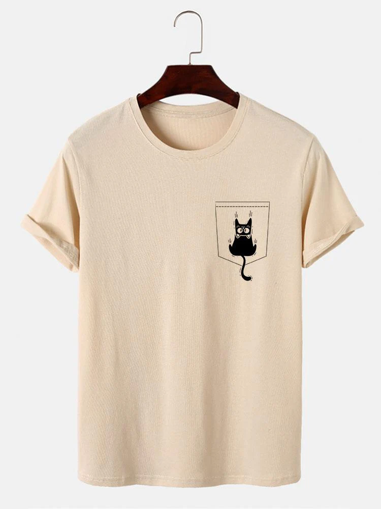 Hernán® | Cat Slipping Out Of Pocket Print T-Shirt - Image 2