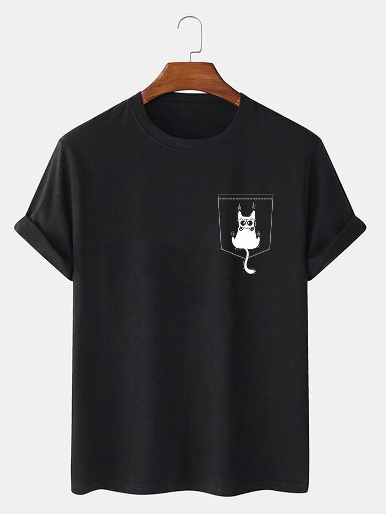 Hernán® | Cat Slipping Out Of Pocket Print T-Shirt - Image 5