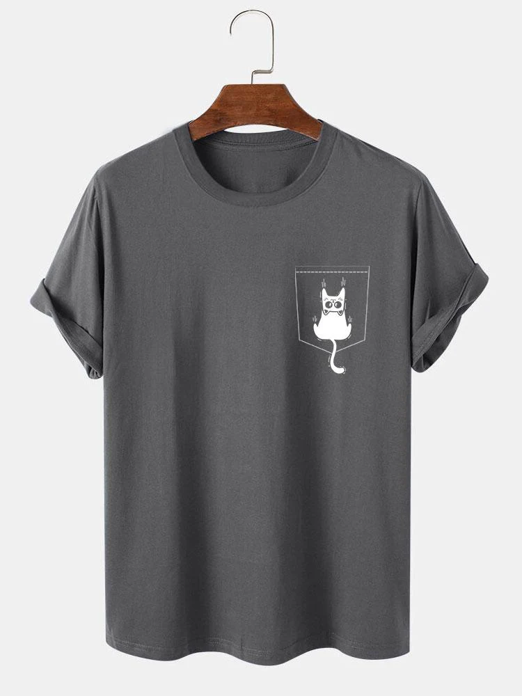 Hernán® | Cat Slipping Out Of Pocket Print T-Shirt - Image 7