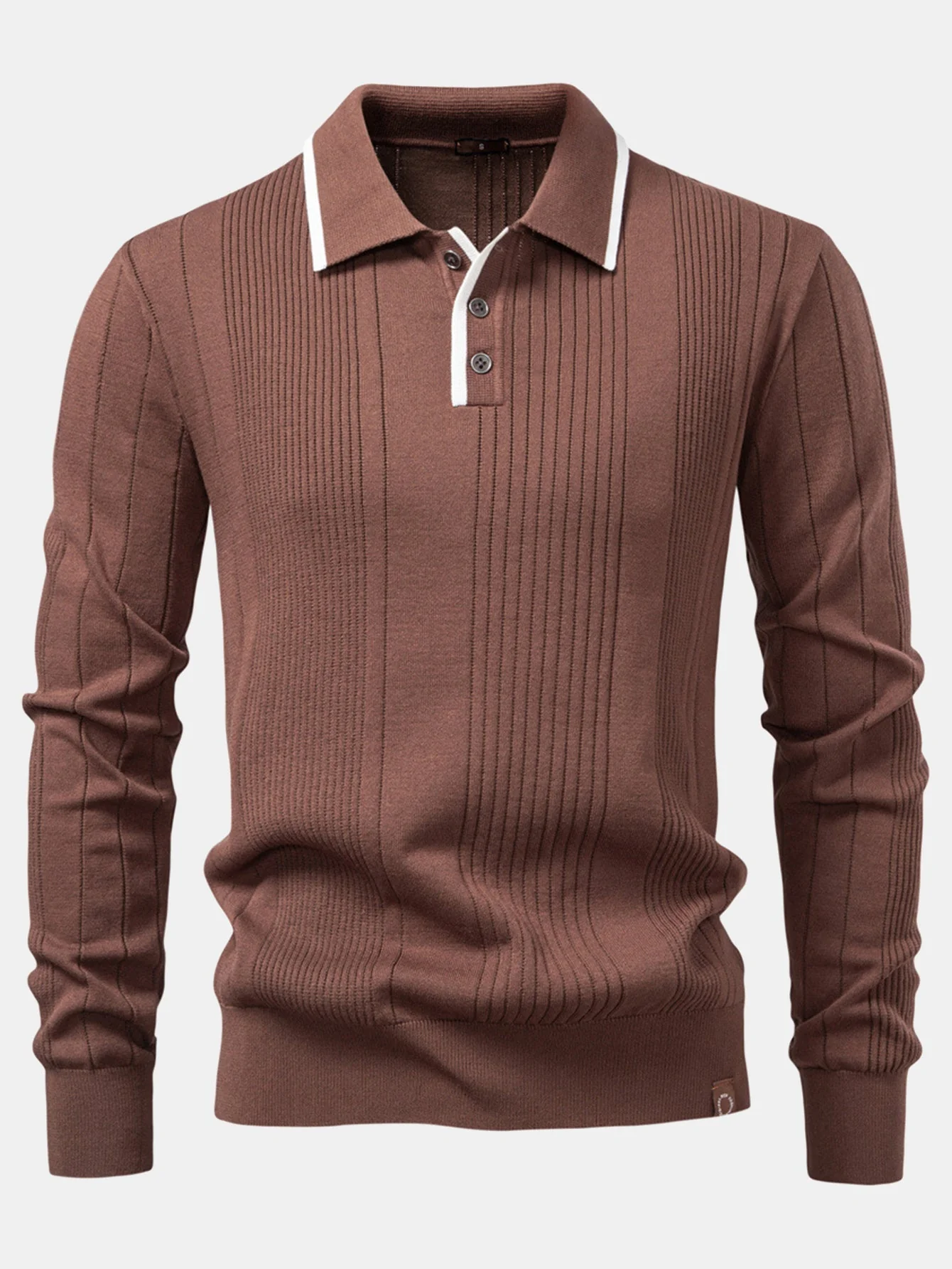 Higinio® | Long Sleeved Knitted Stripe Jacquard Polo Shirt - Image 6