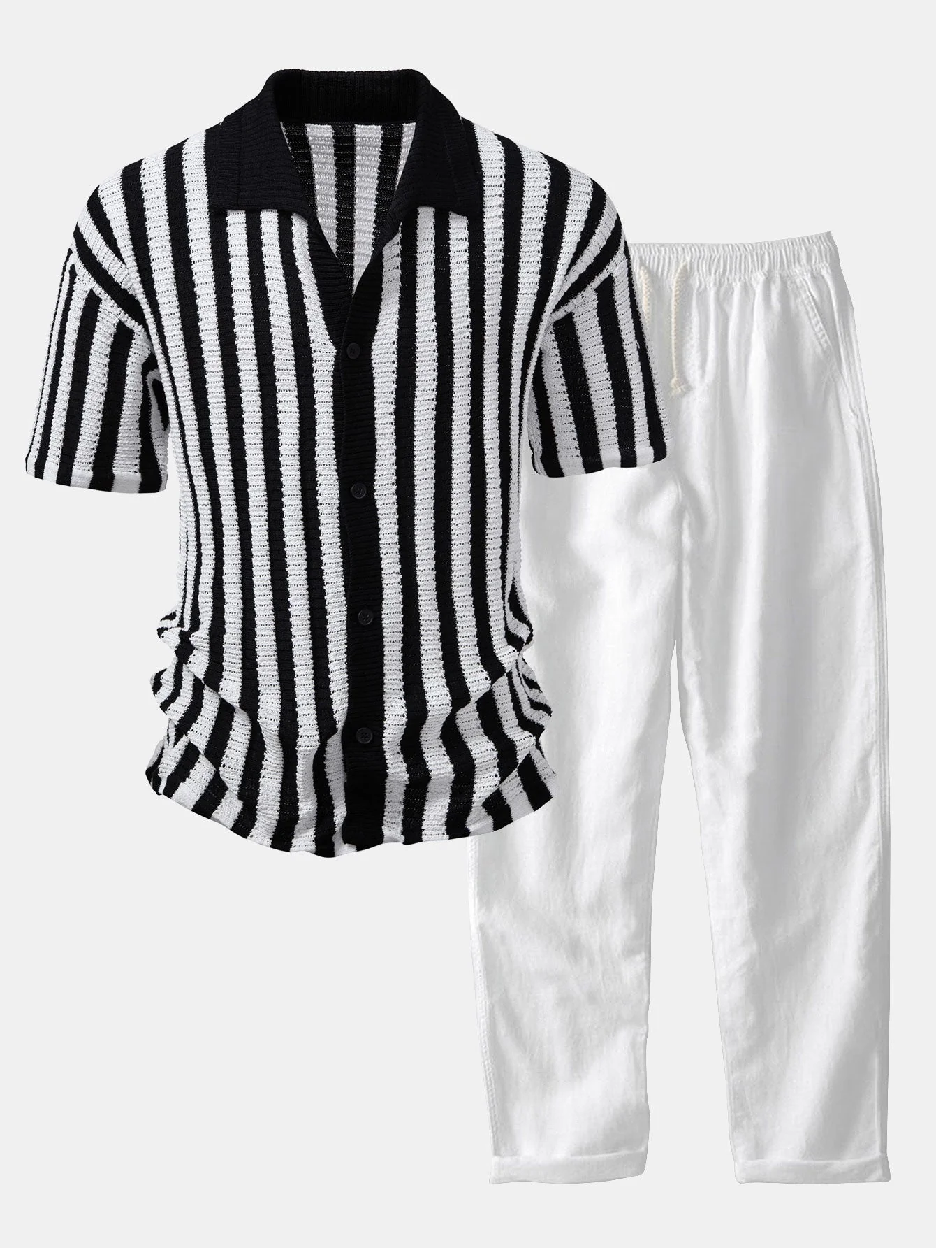 hola CROCHET STRIPED GRADIENT SHOULDER SHIRT & STRAIGHT LEG LINEN PANTS