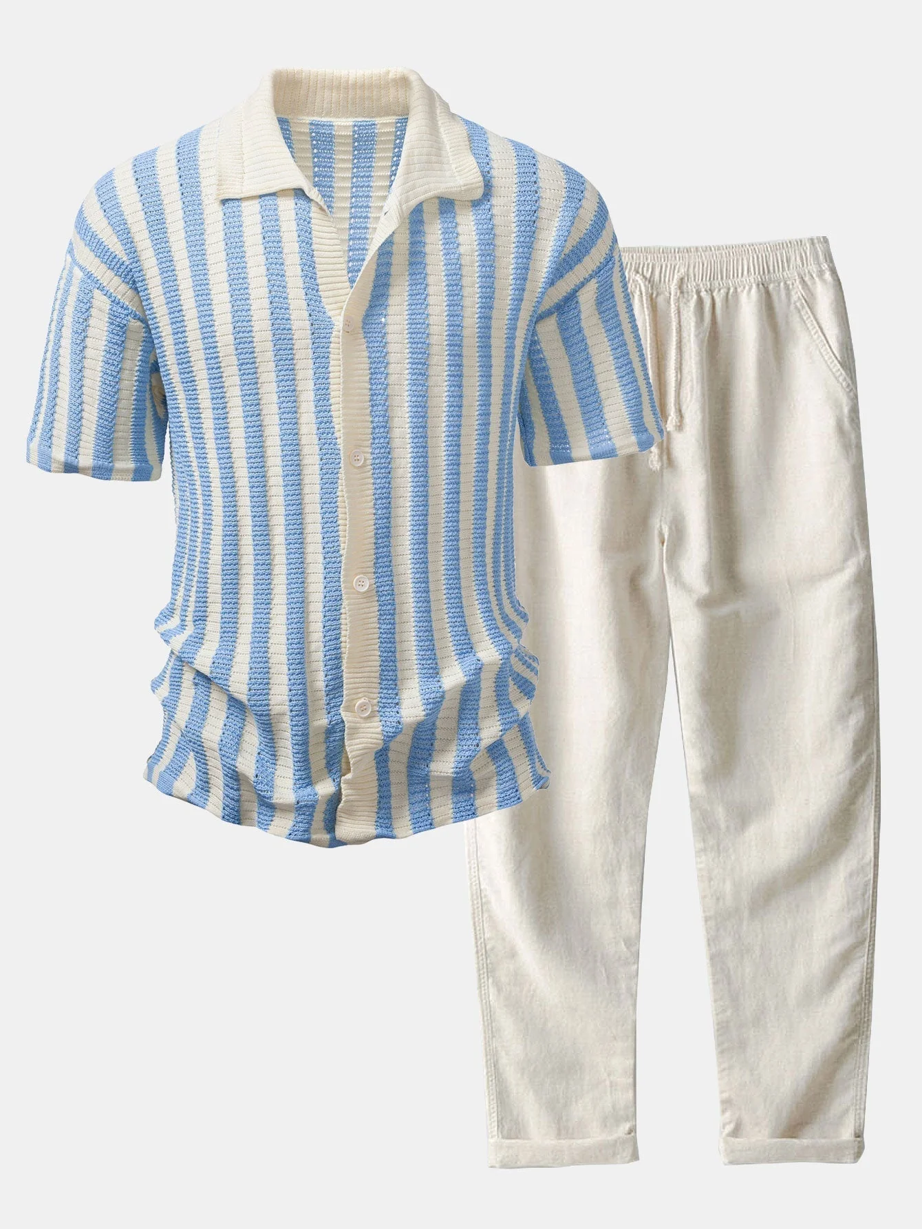 hola CROCHET STRIPED GRADIENT SHOULDER SHIRT & STRAIGHT LEG LINEN PANTS - Image 2