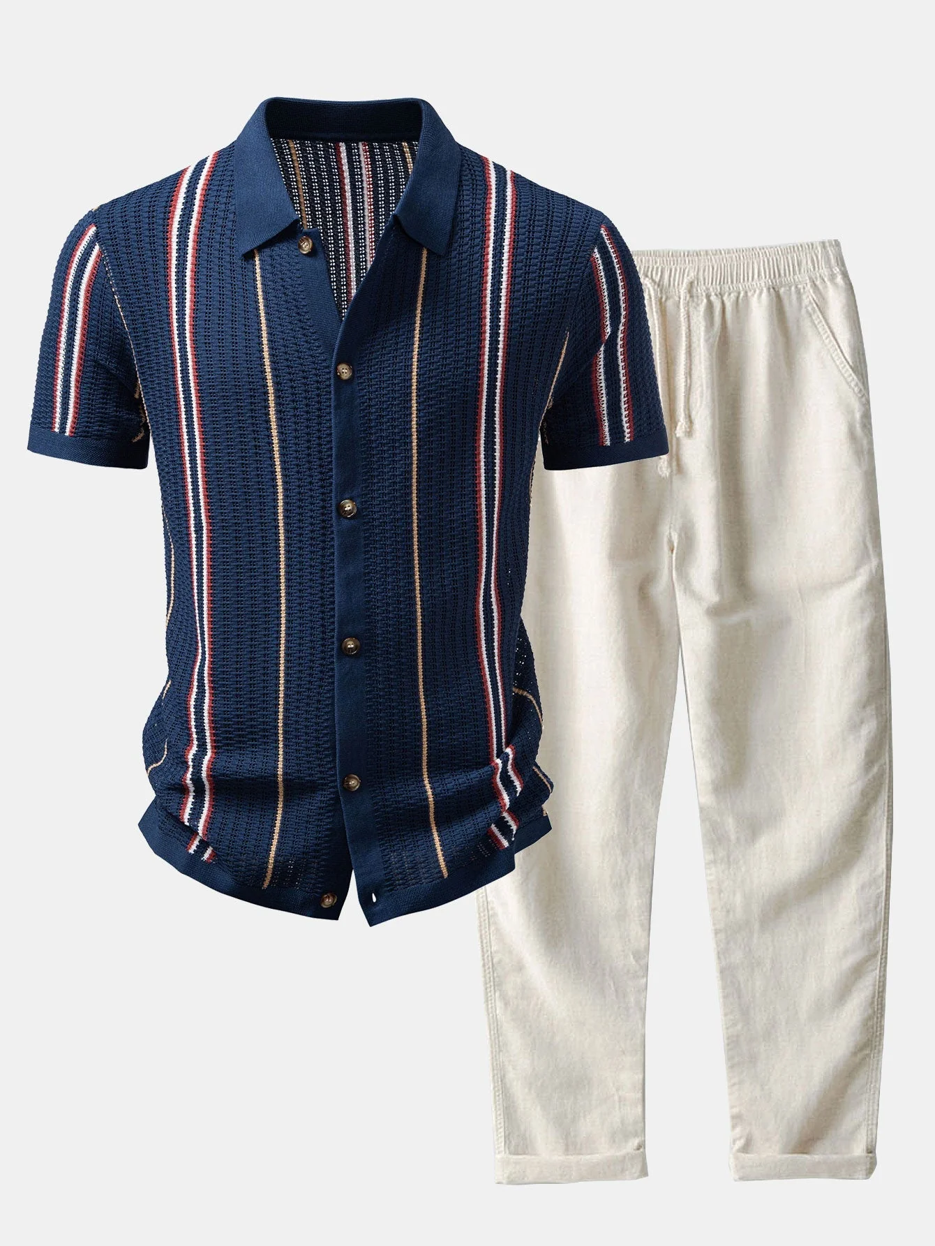 hola CROCHET STRIPED SHIRT WITH BUTTONS & STRAIGHT LEG LINEN PANTS - Image 2