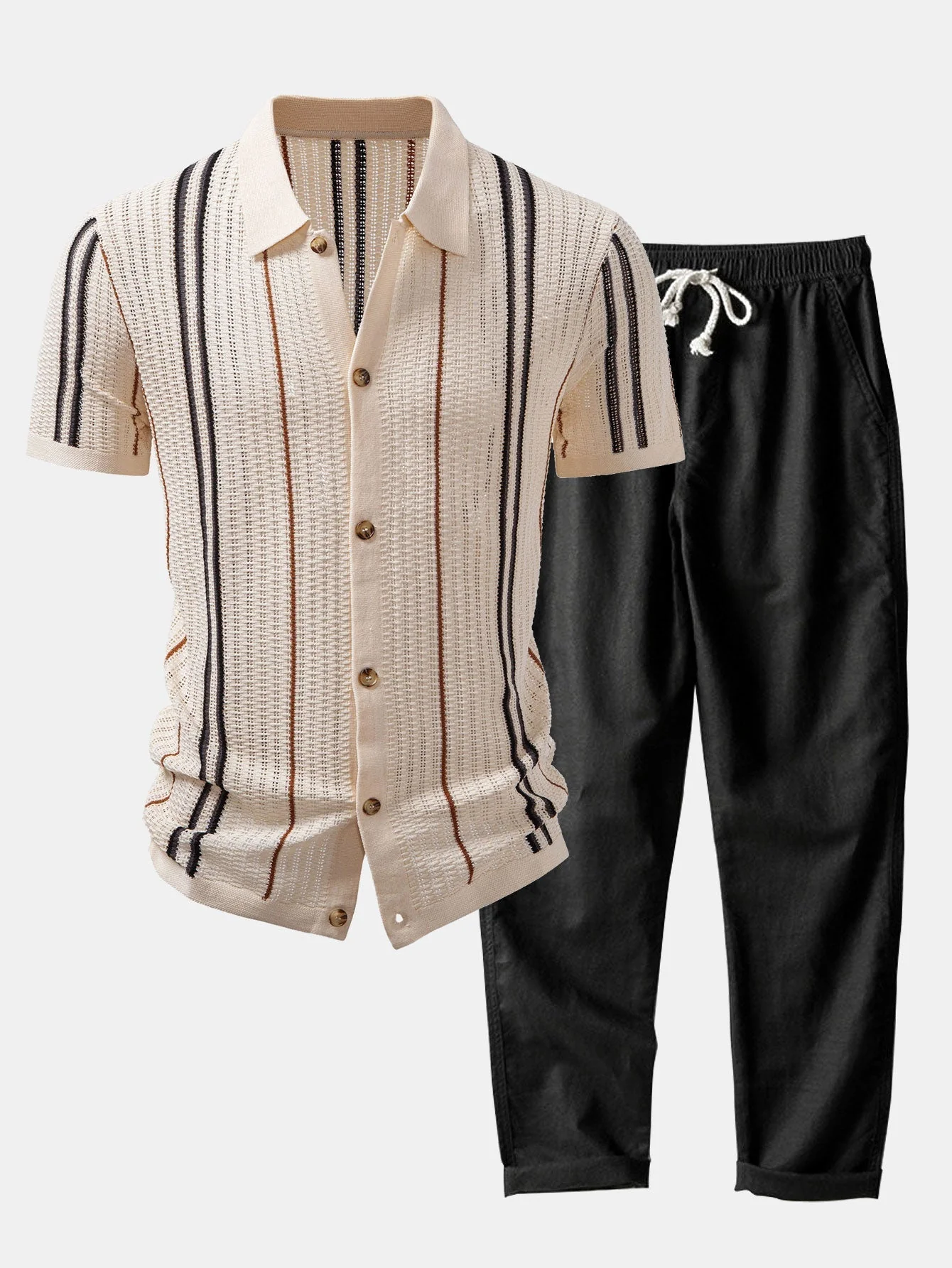 hola CROCHET STRIPED SHIRT WITH BUTTONS & STRAIGHT LEG LINEN PANTS - Image 4