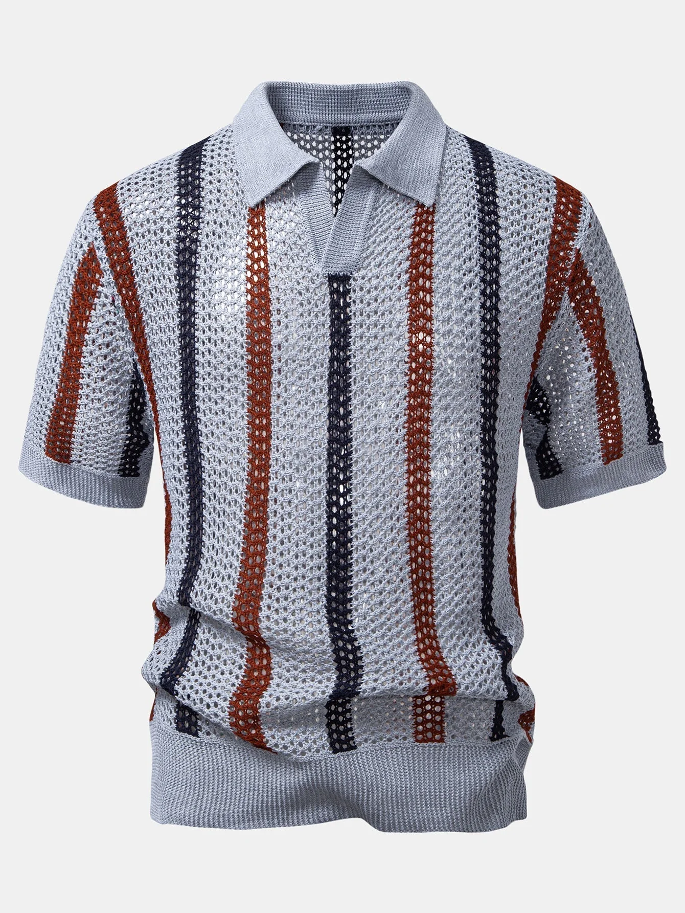 hola Crochet Striped V-Neck Polo Shirt - Image 7