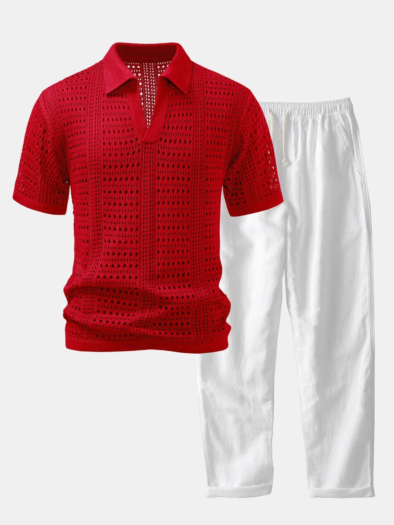 hola POLO A V IN CROCHET & PANTALONI IN LINO WITH GAMBA DRITTA - Image 2