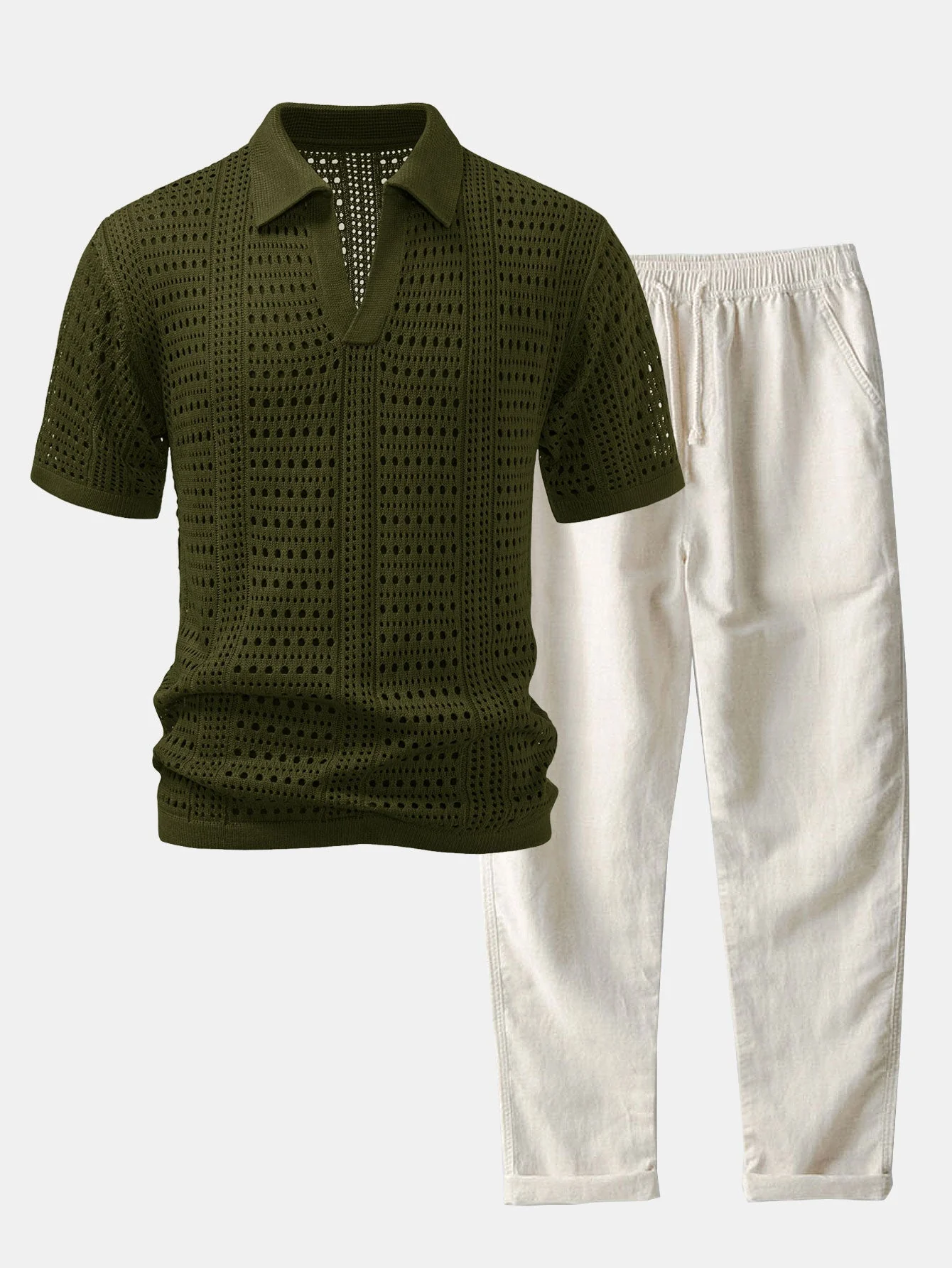 hola POLO A V IN CROCHET & PANTALONI IN LINO WITH GAMBA DRITTA - Image 3