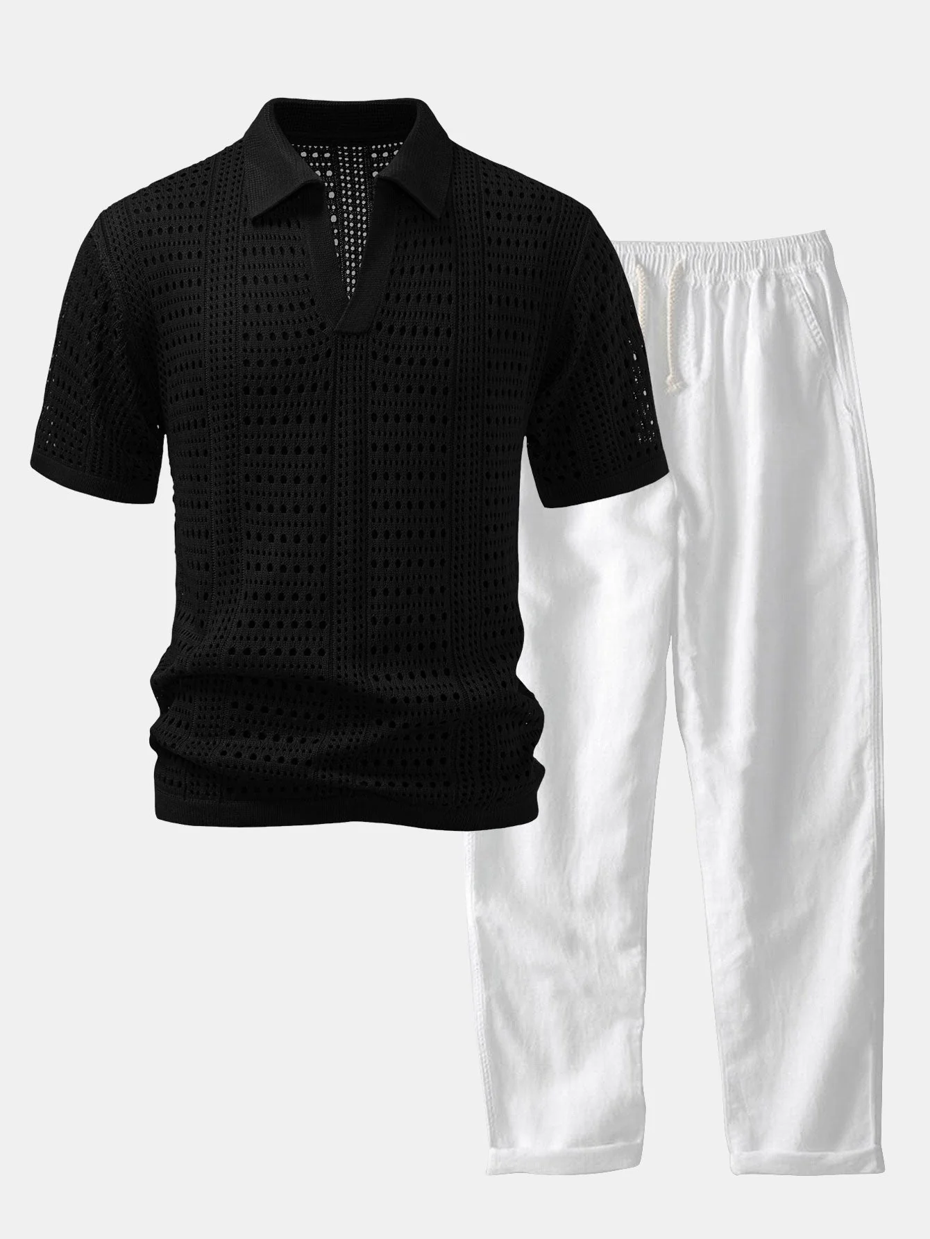 hola POLO A V IN CROCHET & PANTALONI IN LINO WITH GAMBA DRITTA - Image 4