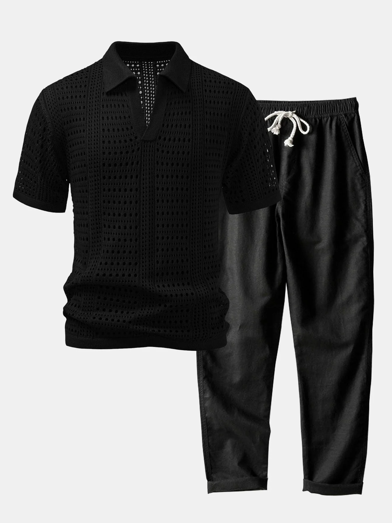 hola POLO A V IN CROCHET & PANTALONI IN LINO WITH GAMBA DRITTA - Image 5