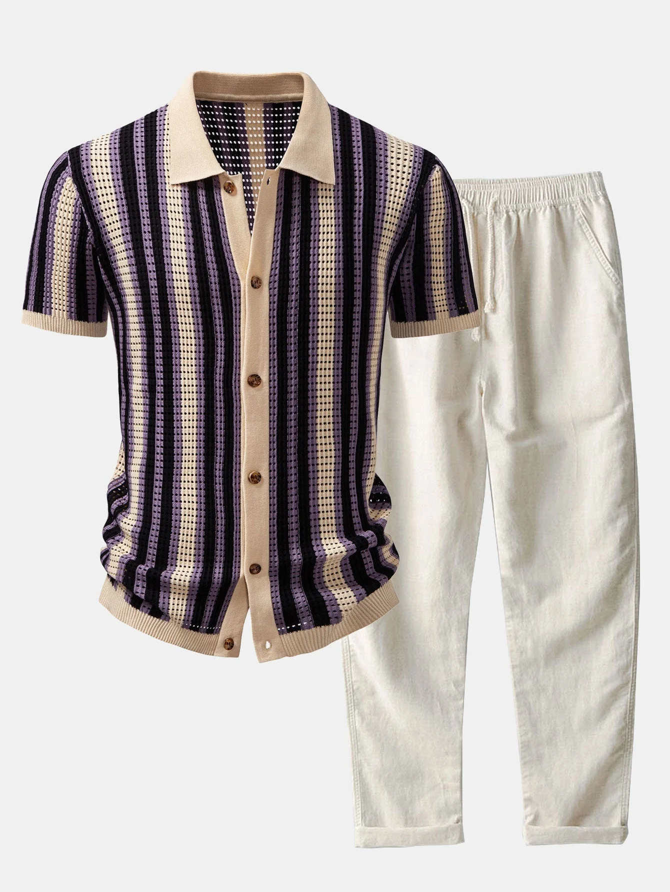 hola STRIPED SHIRT WITH CROCHET EYELETS & STRAIGHT LEG LINEN PANTS - Image 2